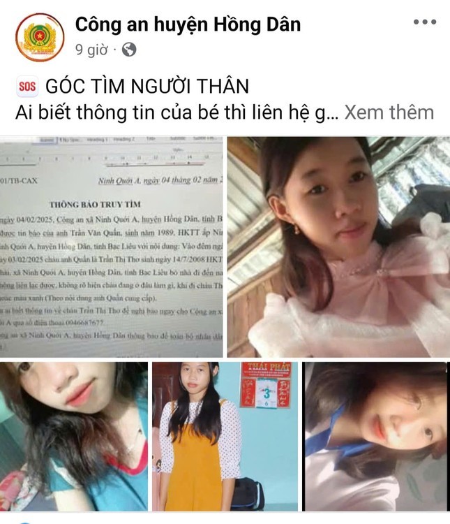  Fanpage Công an huyện Hồng Dân phát đi thông báo truy tìm nữ sinh T. Ảnh chụp màn hình.