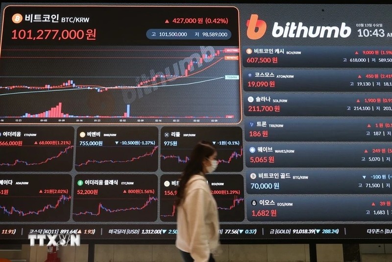   Biểu đồ giá đồng Bitcoin tại sàn giao dịch ở Seoul (Hàn Quốc) hồi tháng Ba năm ngoái. (Ảnh: Yonhap/TTXVN)