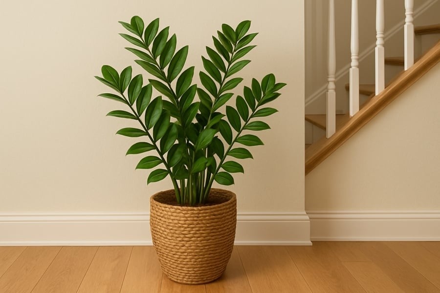 Một vài chậu cây xanh lá rộng như cây kim tiền, cây phát tài hay cây trầu bà sẽ giúp hấp thụ và điều hòa dòng khí