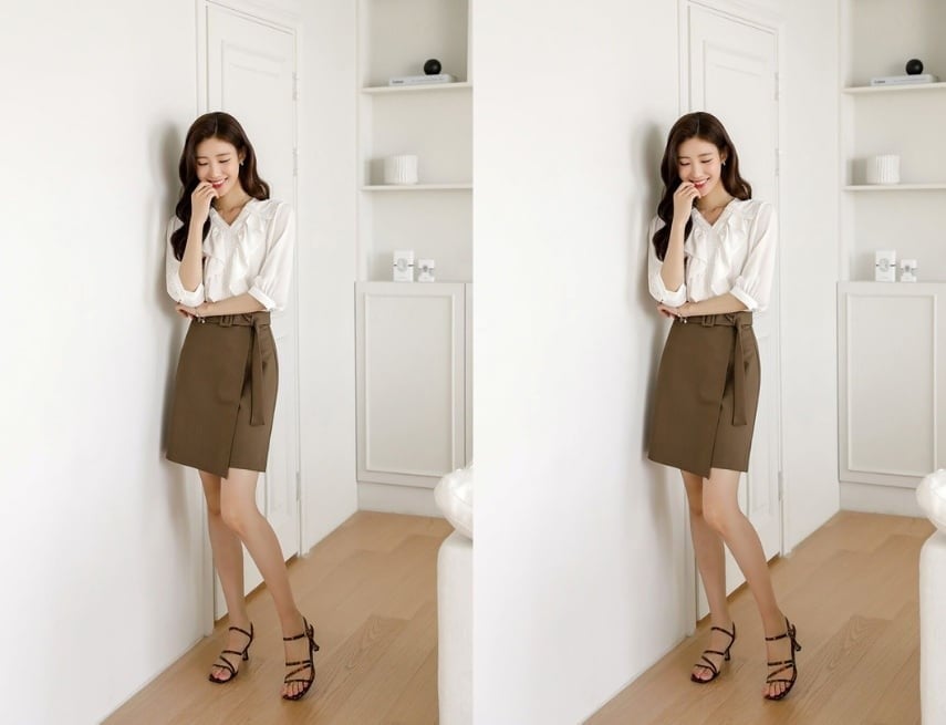 Nếu muốn có vẻ ngoài chỉn chu hơn, bạn có thể kết hợp quần giả váy với áo sơ mi.