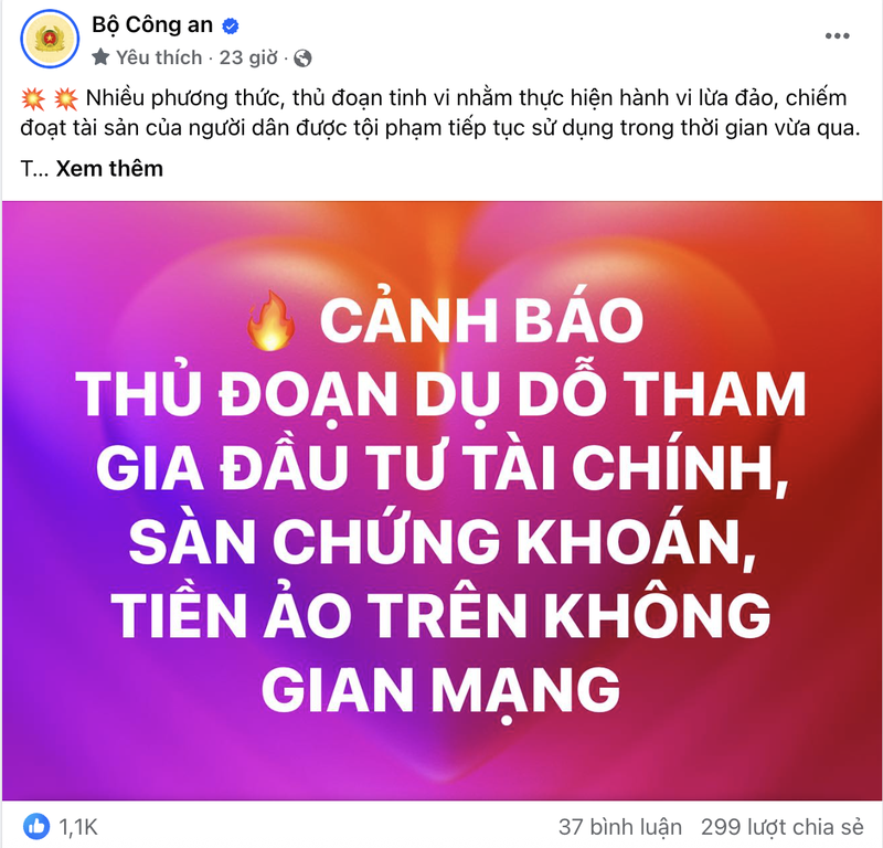Cảnh báo trên fanpage của Bộ Công an về thủ đoạn dụ dỗ đầu tư tài chính, chứng khoán. Ảnh chụp màn hình