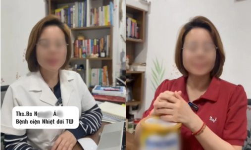 Nữ nhân viên y tế B.T.N.A. mặc áo blouse nói về bệnh sởi, nhưng khi giới thiệu sữa đã đổi mặc áo khác - Ảnh: VietNamNet