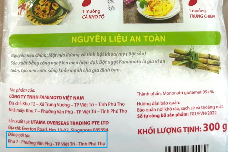 Mặt sau bao bì mì chính sản xuất trực tiếp tại Việt Nam - Ảnh: Báo Tuổi Trẻ