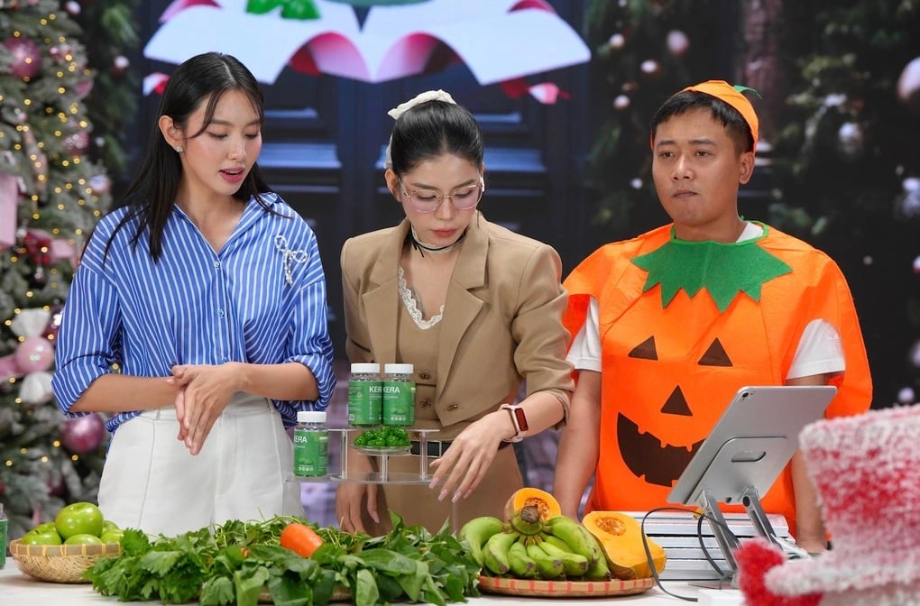 Thùy Tiên, Quang Linh Vlog và Hằng Du Mục cùng nhau tổ chức nhiều phiên livestream bán sản phẩm kẹo Kera. Ảnh: Báo Dân Trí.