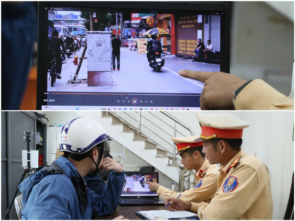  CSGT xử lý phạt nguội tại trụ sở đối với các trường hợp vi phạm. Ảnh: Tiến Trạch