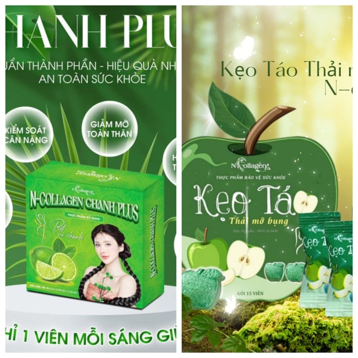 2 sản phẩm gồm kẹo táo thải mỡ bụng, N-collagen Chanh Plus… của