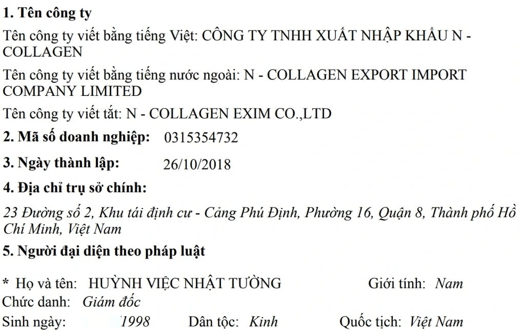 Công ty TNHH xuất nhập khẩu N-Collagen đã nhiều lần thay đổi người đại diện pháp luật. Ảnh: Báo Dân Trí.