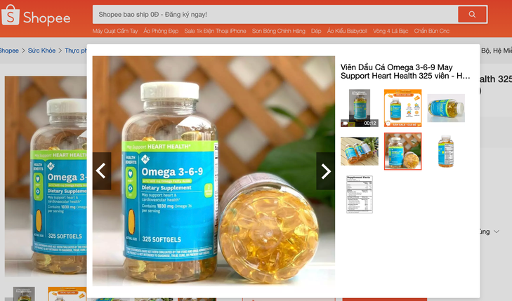 Kirkland Glucosamine 1500mg & Chondroitin 1200mg, Omega 3-6-9 1600mg bán trên sàn thương mại điện tử Lazada bị Cục An toàn thực phẩm yêu cầu gỡ bỏ - Ảnh: Báo Tuổi Trẻ