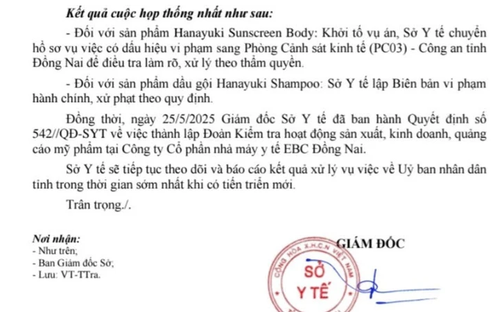 Các lực lượng chức năng tỉnh Đồng Nai thống nhất khởi tố vụ án, làm rõ hành vi sản xuất hàng giả đối với sản phẩm Hanayuki Sunscreen Body của Công ty cổ phần nhà máy y tế EBC Đồng Nai - Ảnh: Báo Nhân Dân