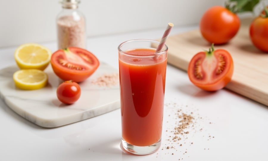 Cà chua tươi ép nguyên chất, giàu lycopene - một chất chống oxy hóa giúp giảm viêm và giảm cholesterol xấu (LDL).