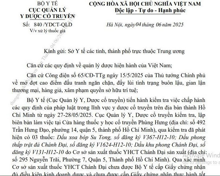Công văn số 840/YDCT-QLD về việc xử lý thuốc giả đối với 3 thuốc giả (Ảnh chụp màn hình)