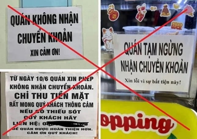 Một số cửa hàng dán giấy từ chối nhận thanh toán bằng chuyển khoản. Ảnh: T.A