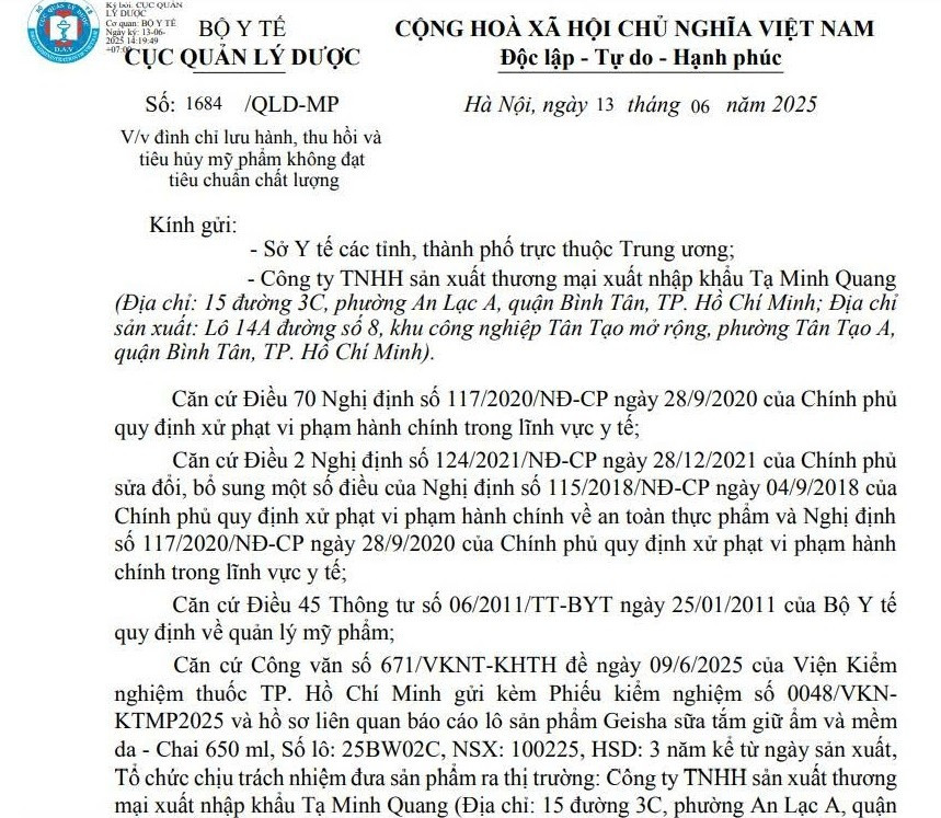 Công văn thu hồi sản phẩm của Cục quản lý Dược/ Ảnh chụp màn hình
