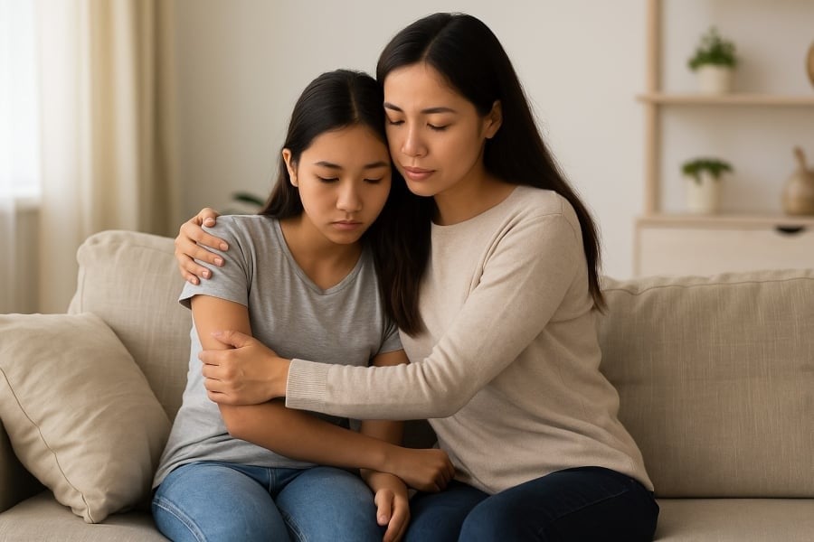 Vòng tay yêu thương của cha mẹ giúp con vượt qua nỗi buồn sau kỳ thi.