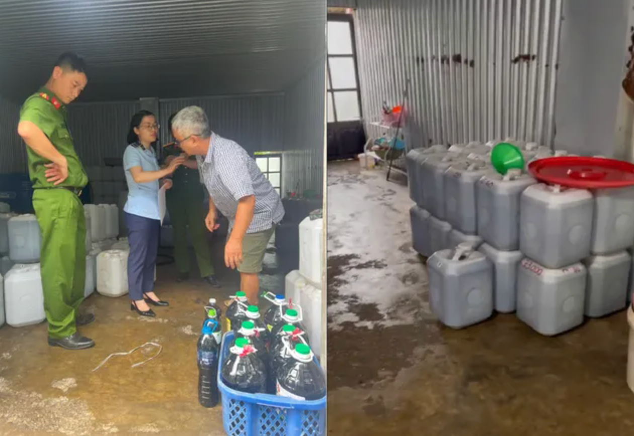 Phát hiện hàng nghìn lít nước mắm không rõ nguồn gốc. Ảnh: Báo Tiền Phong.