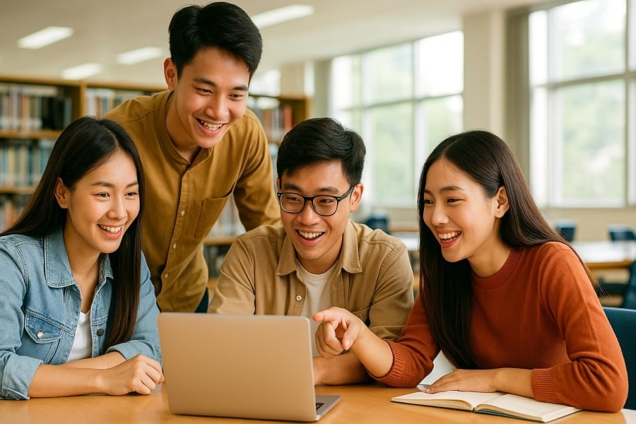  Sinh viên ngành công nghệ thông tin đang học nhóm tại thư viện – ngành học dẫn đầu xu hướng tuyển sinh 2025.