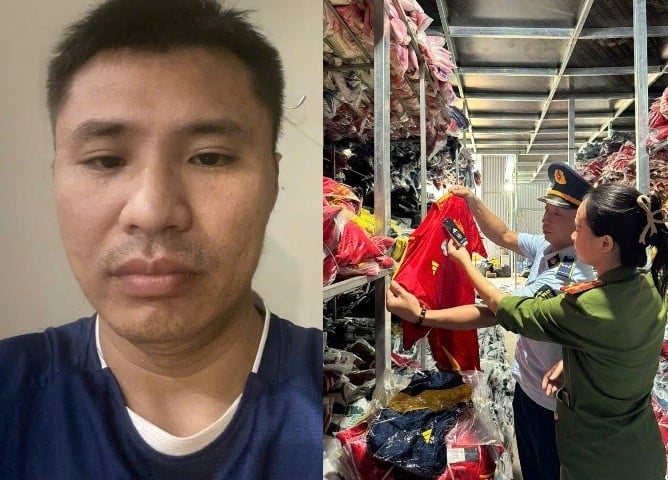 Đối tượng Nguyễn Văn Quang và lực lượng chức năng phát hiện hàng chục nghìn bộ quần áo giả mạo nhãn hiệu nước ngoài.