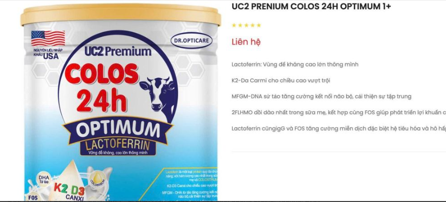UC2 Premium Colos 24h Optimum 1+ bị phát hiện có các chỉ tiêu dinh dưỡng Lysine, Taurine, DHA không phù hợp với kết quả kiểm nghiệm - Ảnh: Báo Người Lao Động