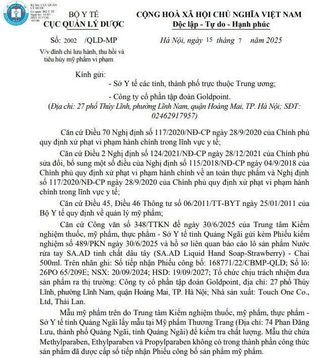  Thông báo của Cục Quản lý Dược về đình chỉ lưu hành, thu hồi trên toàn quốc lô sản phẩm nước rửa tay SA.AD tinh chất dâu tây - Ảnh chụp màn hình