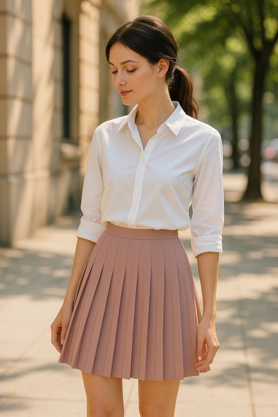 Thanh lịch và tinh tế với combo váy xếp ly pastel và áo sơ mi trắng – lựa chọn hoàn hảo cho ngày làm việc nhẹ nhàng.