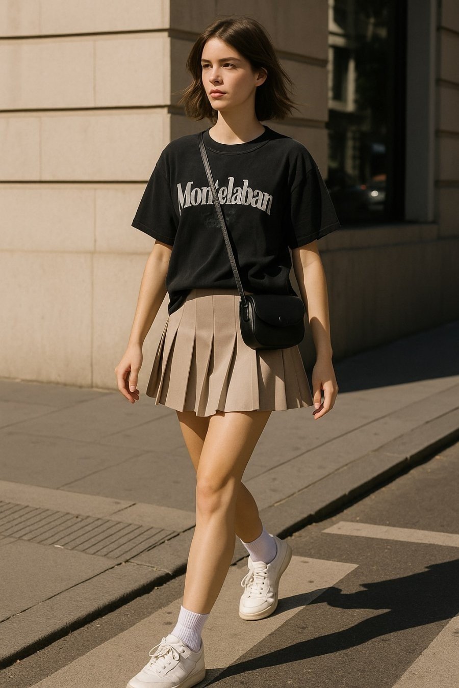 Trẻ trung, năng động cùng váy xếp ly phối áo phông oversize – công thức