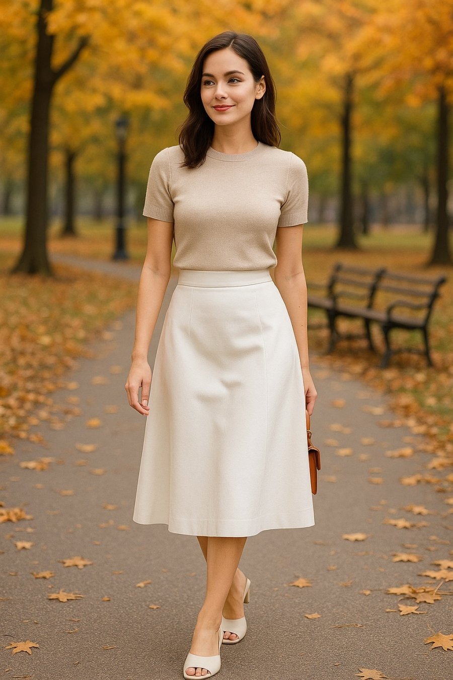  Outfit nhẹ nhàng ngày thu: áo len mỏng và chân váy trắng giúp hack dáng hiệu quả.