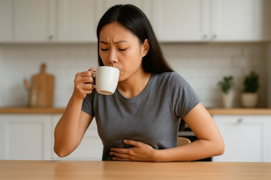  Uống cà phê khi bụng đói dễ gây cồn cào, lo lắng và ảnh hưởng đến dạ dày.