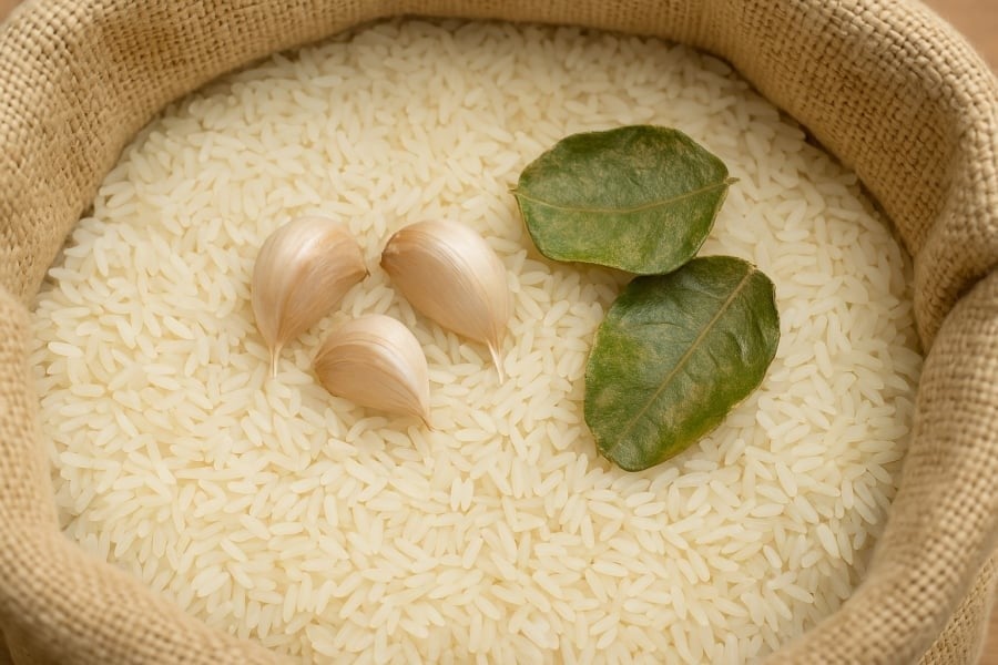  Mẹo dùng tỏi và lá bưởi khô để bảo quản gạo không bị mọt – đơn giản, hiệu quả mà không tốn chi phí.