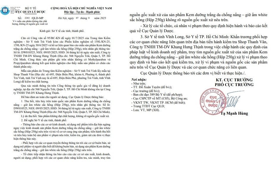  Công văn của Cục Quản lý Dược - Ảnh chụp màn hình