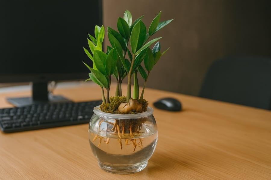 Chậu kim tiền thủy sinh nhỏ xinh giúp góc làm việc thêm phần tươi mới. Với người mệnh Thủy, đây không chỉ là món decor mà còn là “nam châm” hút tài lộc nhẹ nhàng mỗi ngày.