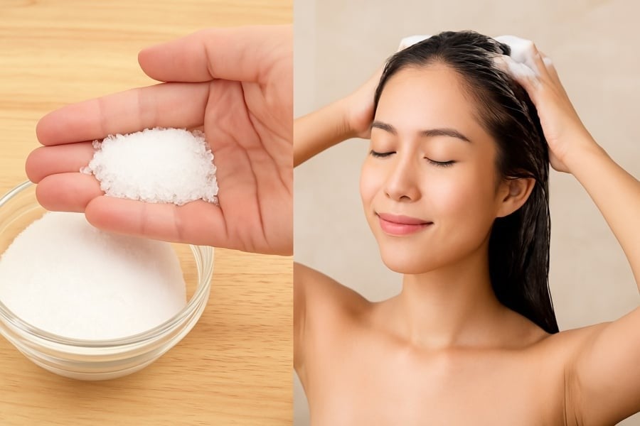  Chỉ sau vài lần gội đầu với muối, mái tóc trở nên chắc khỏe, sạch lâu và không còn gàu.