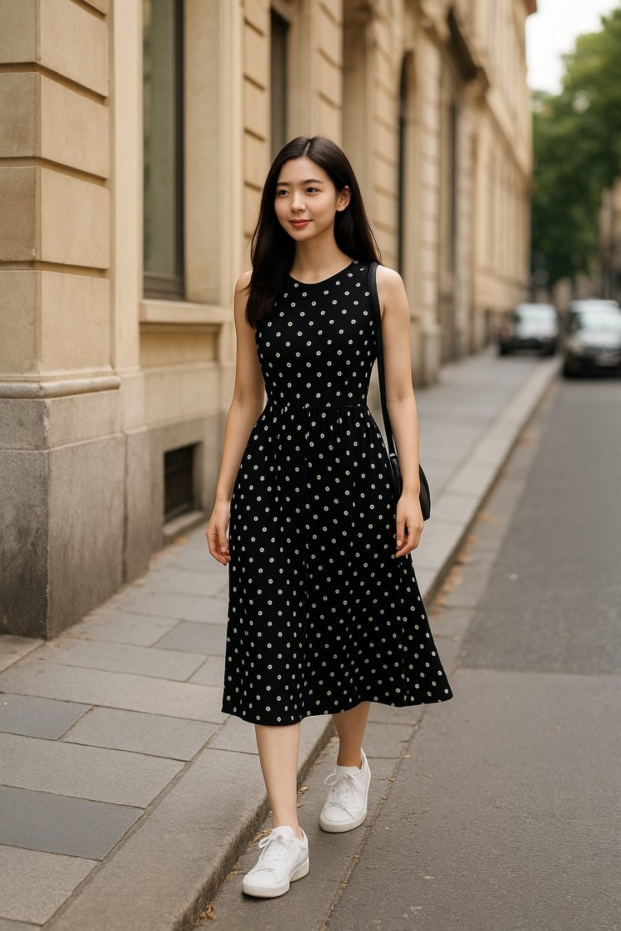 Váy chấm bi đen dáng midi mix cùng sneaker trắng – lựa chọn vừa thoải mái vừa trẻ trung cho những buổi dạo phố hè.