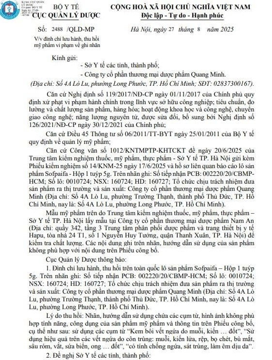 Cục Quản lý Dược thông báo đình chỉ lưu hành, thu hồi mỹ phẩm vi phạm/Ảnh chụp màn hình
