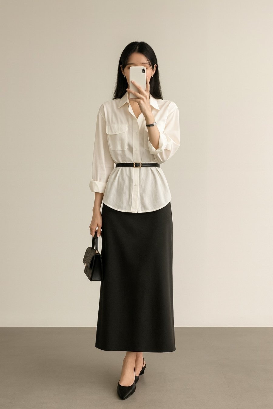 Outfit kinh điển cho công sở: sơ mi trắng, váy suông và một chiếc thắt lưng mảnh tôn dáng.