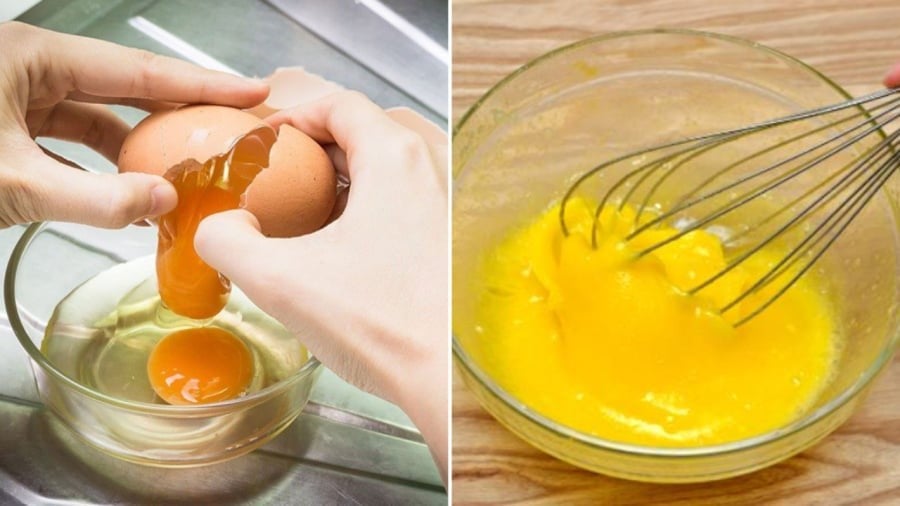 Khi rán trứng, bạn nên đánh trứng thật đều để tạo độ bông xốp khi rán.