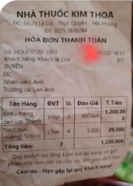  Hóa đơn tại nhà thuốc Kim Thoa