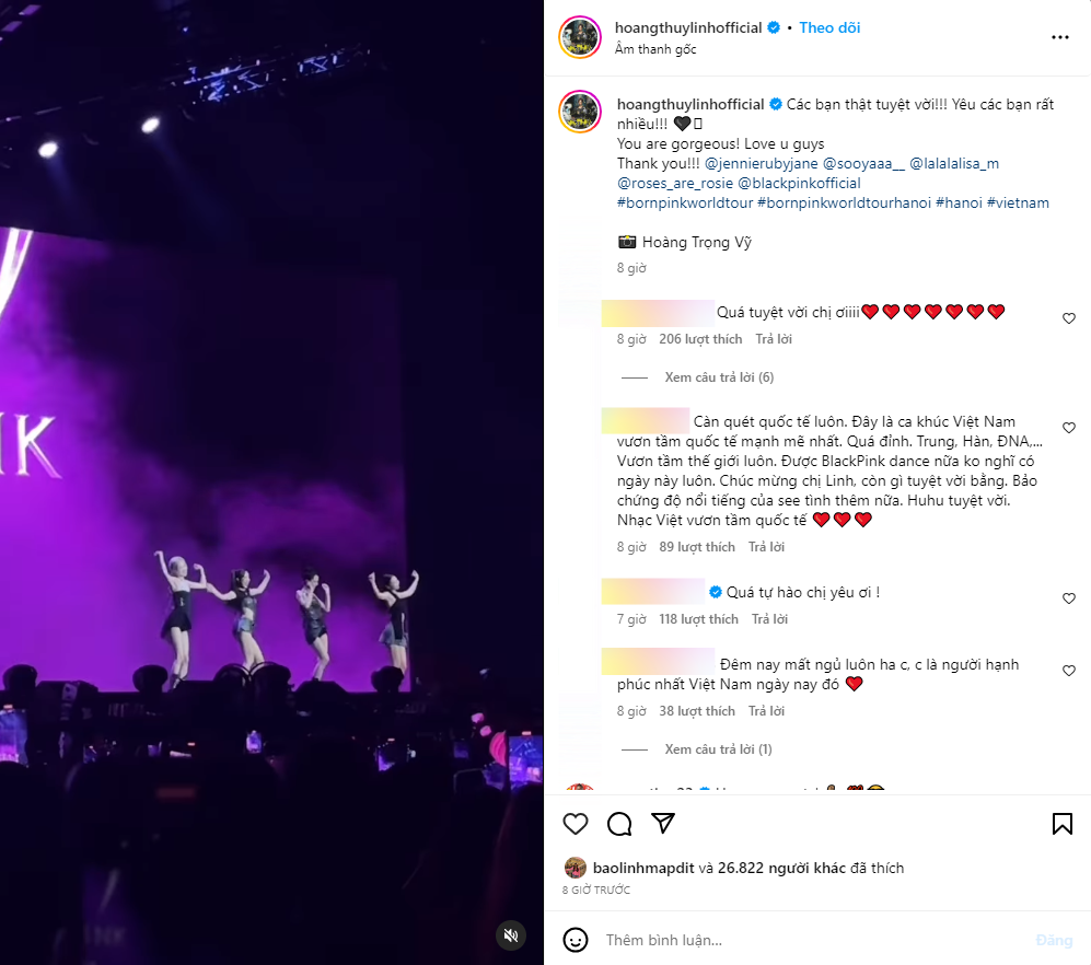  Ngay trong đêm, Hoàng Thùy Linh đã đăng tải đoạn clip BLACKPINK biểu diễn vũ đạo bài hit của mình trên Instagram.