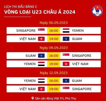  Lịch thi đấu của U23 Việt Nam tại Vòng loại U23 châu Á 2024. Ảnh: VFF
