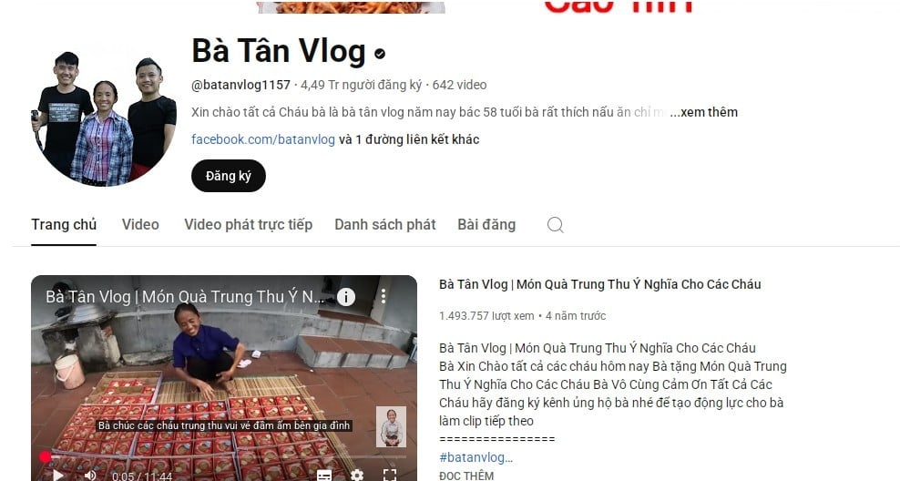 Kênh YouTube Bà Tân Vlog có 4,49 triệu người đăng ký. Ảnh chụp màn hình