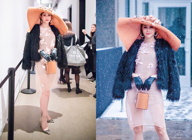 Giữa thời tiết -4 độ của New York với tuyết rơi dày đặc, Hoa hậu Điện ảnh 2016 chỉ giữ ấm cơ thể bằng chiếc áo lông Moschino khoác hờ. Tuy nhiên cô vẫn khoe được vẻ ngoài tươi tắn. Là khách mời tại New York Fashion Week, Hoa hậu Sella Trương không ngại diện đồ 