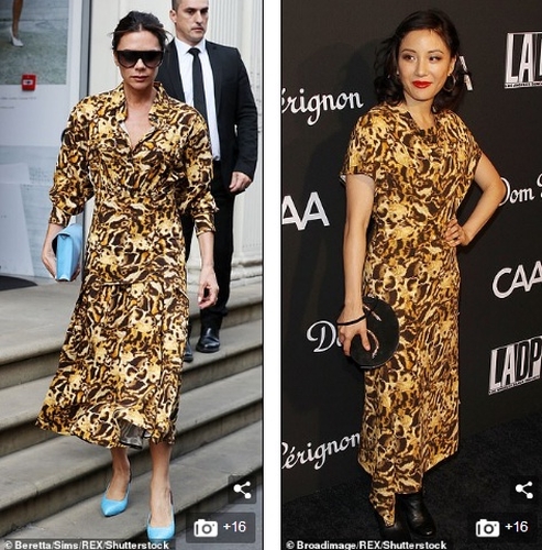 Bà xã David Beckham diện chiếc đầm họa tiết hình động vật bắt mắt khi xuất hiện ở London vào hồi tháng 9 năm ngoái (ảnh trái). 1 tháng sau đó, ngôi sao của Crazy Rich Asians Constance Wu cũng mặc chiếc đầm tương tự tại một sự kiện được tổ chức ở Los Angeles (ảnh phải).