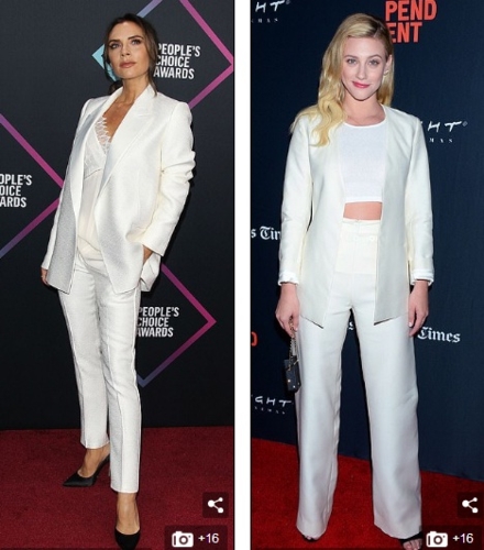 Bà xã David Beckham tiếp tục diện set đồ vest trắng tại Peoples Choice Awards ở Los Angeles hồi tháng 11/2018 (ảnh trái). 2 tháng trước đó, Lili Reinhart cũng mặc trang phục tương tự từ bộ sưu tập của VB tại buổi ra mắt phim ở Los Angeles (ảnh phải).