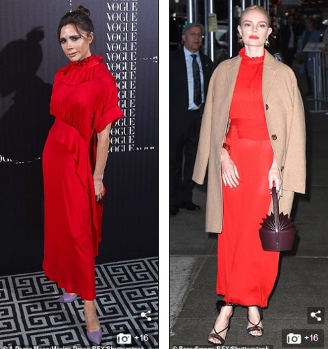 Victoria Beckham diện đầm đỏ nổi bật ở Madrid vào tháng 1/2018 (ảnh trái) , nhưng 2 tháng trước đó, nữ diễn viên Kate Bosworth cũng đã từng mặc chiếc đầm giống hệt, xuất hiện trên chương trình Good Morning America (ảnh phải)
