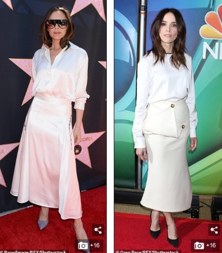 Victoria diện áo sơ mi trắng phối với chân đầm cùng tông do chính cô thiết kế, tham dự một sự kiện ở Los Angeles vào tháng 4/2018 (ảnh trái), rất giống với trang phục được Abigail Spencer mặc ở New York một tháng trước đó (ảnh phải).
