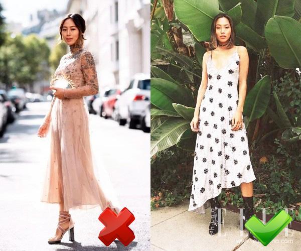 Ở hình bên trái, Aimee Song mặc một chiếc váy cao cổ kín mít và bên phải là chiếc váy khoét cổ chữ V. Rõ ràng, chiếc váy khoét cổ chữ V giúp thân hình cô trông thanh thoát hơn.  