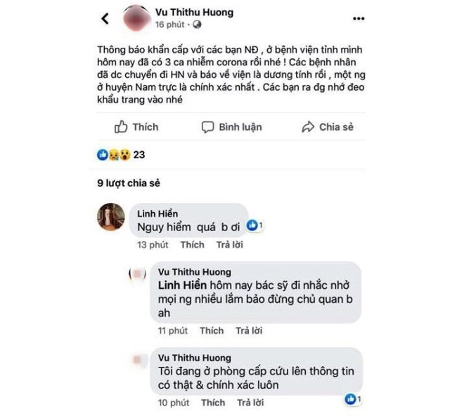 Tài khoản Facebook có tên “Vu Thithu Huong” đăng tải nội dung sai sự thật 