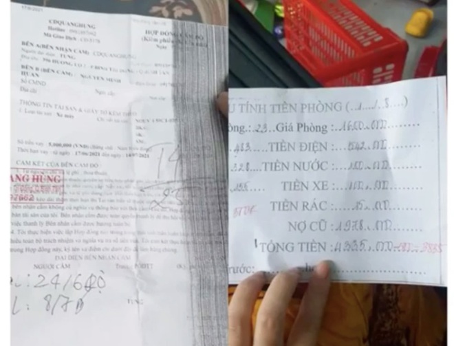  Phiếu nợ tháng 8 và biên bản cầm xe máy của một cặp vợ chồng người Trà Vinh làm việc tại TPHCM. 