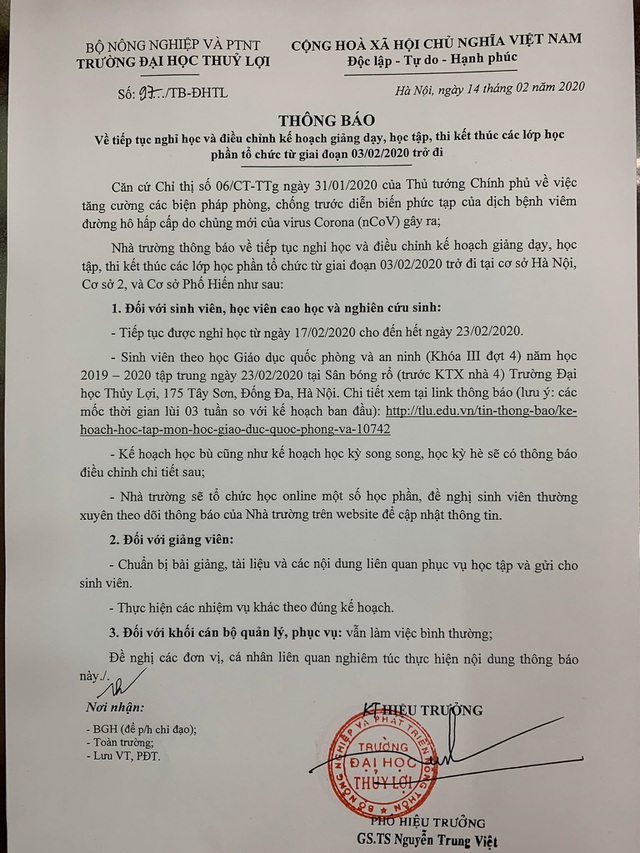 Thông báo của trường ĐH Thủy lợi